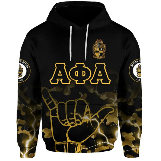 GetteeStore Hoodie - Alpha Phi Alpha Fraternity Camouflage Black Vibes - Hand Sign Hoodie J5