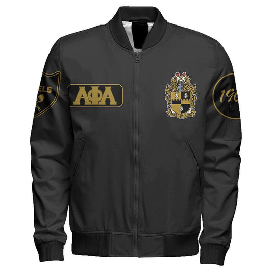 Black And Gold Alpha Phi Alpha Sleeve Zip Bomber Jacket