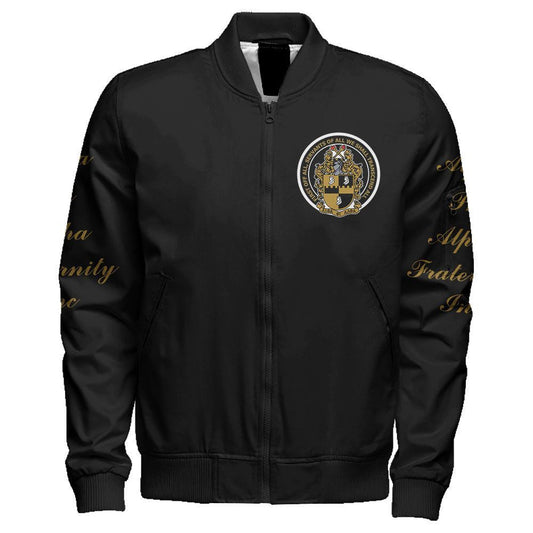 Black And Gold Alpha Phi Alpha Giza Sleeve Zip Bomber Jacket