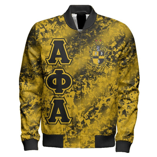 GetteeStore Jacket - ALPHA PHI ALPHAS 1906 DIAMOND PATTERN SLEEVE ZIP BOMBER JACKET J5