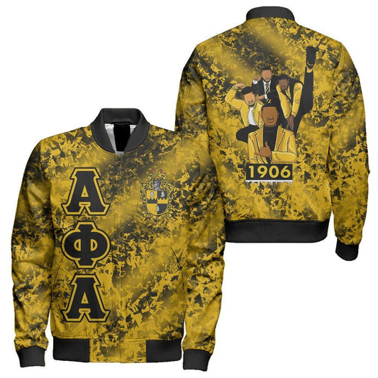 GetteeStore Jacket - ALPHA PHI ALPHAS 1906 DIAMOND PATTERN SLEEVE ZIP BOMBER JACKET J5